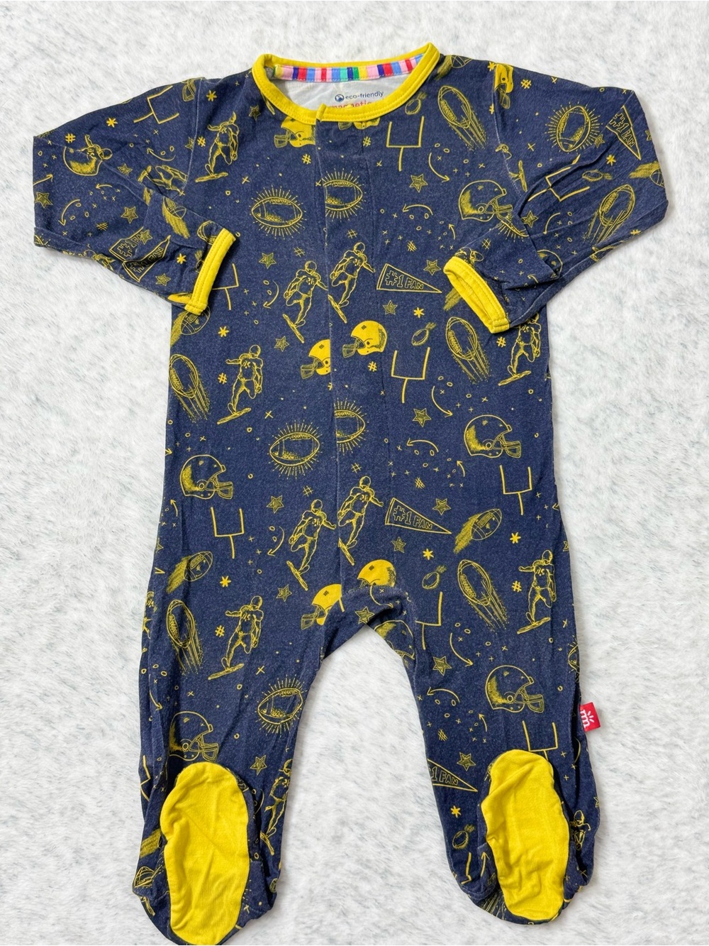Magnetic Me Football Footie Sleeper 3-6M Baby Modal Navy Gold Game Day Neutral